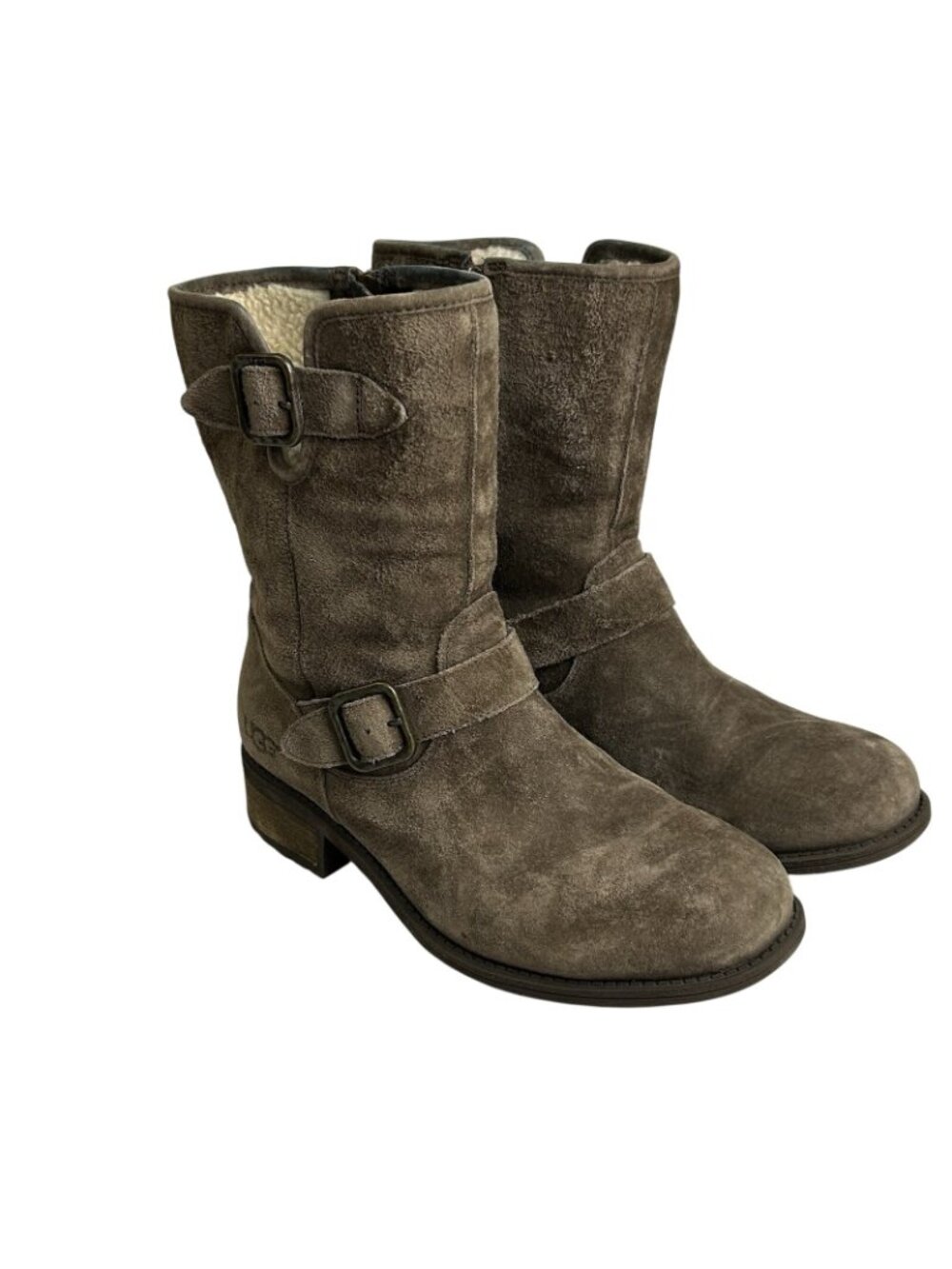Ugg Chaney Chestnut Moto Boots Womens 6.5 Brown Suede Leather Sheepskin Lining - Picture 2 of 11